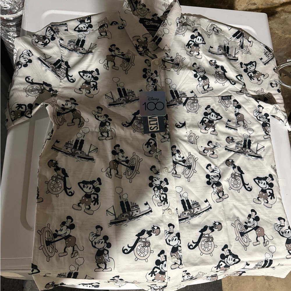 RSVLTS Cream and Black Mickey Mouse Button Down Shirt